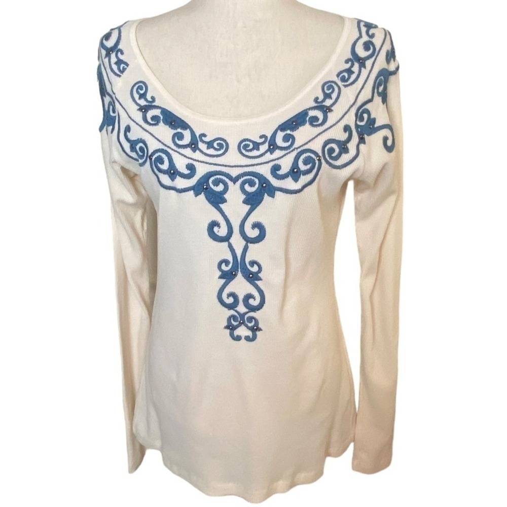 Roper Womens White Blue Embroidered Studded Waffle‎ Knit Thermal Top